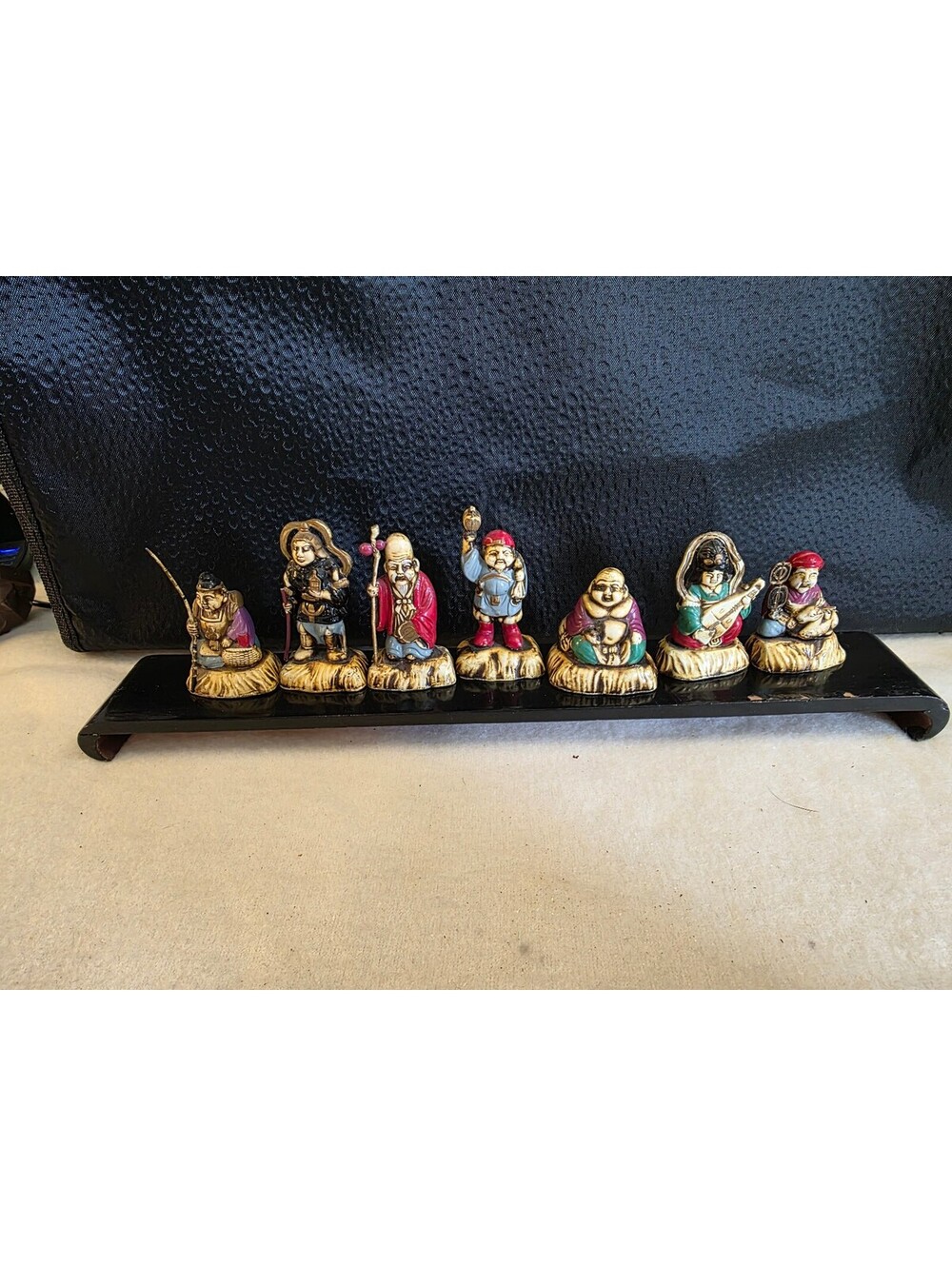 Vintage Japanese Seven Lucky Gods Shichifukujin Figurine Set With Display Stand